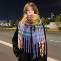 Plaid mohair cashmere scarf with colorful blue and red stripes and tassels - Multi-color Plaid