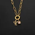 14K gold plated titanium steel paperclip chain necklace with letter K and pink gem - Letter K (XNL0097)
