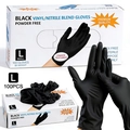 Macro view of finger textured black nitrile blend gloves and the detail of 100pcs packaging - L / Black