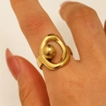 Minimalist gold two-tone stainless steel open ring with irregular bead and oval link design - Geometric Nested Oval Gold Style (4809)