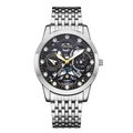 Macro detail of skeleton quartz watch dial with silver stainless steel band and roman numerals - 9-Bead Silver Strap Skeleton Black Dial
