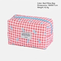 Red plaid quilted makeup bag with blue bow prints and zip closure, 18x9x11cm - Red Pillow Bag