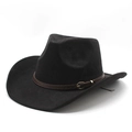Classic black faux suede western cowboy hat with brown leather band and gold buckle detail - M (56-58cm) / Black