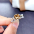 Macro detail of champagne crystal ring with silver pavé band and gold-tone inlay - Adjustable Open / Morganite Champagne