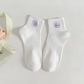 White cotton ankle socks featuring a purple cartoon cat embroidery in a sporty style - White Purple Dog (8002)