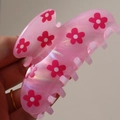 Pink pearlescent acetate hair claw clip featuring delicate red floral patterns - Red Flower (H594)
