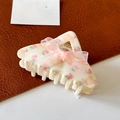 Creamy white hair claw clip with pink rose and duck print and sheer organza bow - Pink Triangle Claw Clip-8.1cm