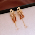 Detail of flower stud and gradient beaded tassel earrings with crystal fringe decor - 10# Gradient Brown Beaded (Silver Earring Post)