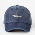 Washed navy blue denim baseball cap with detailed shark embroidery and adjustable fit - Navy Blue