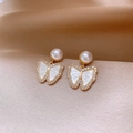 Macro view of gold bow earrings with mother-of-pearl wings and pearl studs on silk - Zircon Shell Butterfly Pearl Drop Earrings (10#)