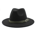 Cappello fedora nero in lana con fascia con fibbia verde scuro e tesa larga e piatta - M (56-58cm) / Nero