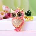 Pink and white rhinestone encrusted owl keychain with a shiny gold metal finish - A430 Owl D Pink