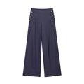 Pantaloni a gamba larga in misto lino blu navy con vita alta e bottoni dorati decorativi - XS / Pantaloni/Pantaloni Lunghi