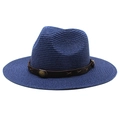 Chapeau Panama classique bleu foncé à larges bords avec ceinture décorative en cuir - M (56-58cm) / Bleu marine