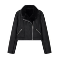 Women's black short motorcycle jacket featuring faux suede and cozy sherpa lining - XS / Black