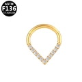 Golden V-shaped G23 titanium nose ring featuring sparkling clear zircon inlays - Gold V-Shape Zirconia Style (G23NR282-G1210089)