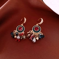 Bohemian dangle earrings with red faceted stone, blue beads and grey pearls in gold finish - 71# Ear Hook-Blue-Vintage Red Stone Ethnic Style