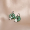 New Chinese-style silver earrings with green jade beads and Fu character pendants - E4421-1/Fu Character Jade Buckle