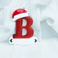 Sparkly red glitter Christmas letter B hanging ornament with festive Santa hat and holly - Letter B