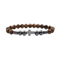 Brown tiger eye stone beaded bracelet with matte hematite accents and a silver cross charm - Tiger Eye Stone Cross