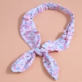 Fascia con fiocco, fiori rosa e scritta happy su base in tessuto bianco puro - Orecchie Di Coniglio Floreali Bianche / Bianco
