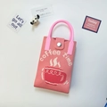 Pink knitted phone bag with coffee time embroidery and round top handle detail - Coffee Pink