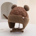 Winter-Strickmütze für Kinder in Dunkelbraun mit Pompons und gestepptem Bärendesign - Kinder 3-8 Jahre Dehnbar / Dunkelkaffee Bär