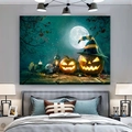 Detail of Halloween tapestry with glowing pumpkins and skulls in a bedroom setting - Halloween Moon Pumpkin (22WSJ012F)