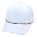 Detail of white trucker hat featuring breathable mesh and multi-color beaded chain decoration - M (56-58cm) / White