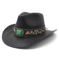 Black straw Western cowboy hat with turquoise stone and embroidered brown band - M (56-58cm) / Black