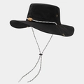 Close-up of black waterproof hiking hat featuring breathable metal vents and windproof cord - Black