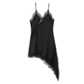 Detail of black silk dress with delicate lace trim and asymmetric hemline - Black