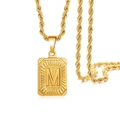 Hip hop gold stainless steel twist chain necklace with square initial M pendant - Gold - M