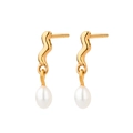 Golden wavy metal earrings with white pearl pendants displayed on white background - Wavy Metal with Artificial Pearl (E826-GO)