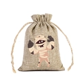 Halloween burlap drawstring candy bag featuring a cute cartoon mummy print on natural jute - Mummy