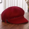 Detailed view of burgundy wool newsboy cap featuring a 3D bow and black rhinestone - M(56-58cm) / Burgundy
