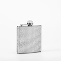 Macro shot of silver rhinestone-studded stainless steel flask with crystal lid detailing - 6oz / 304 Silver Rhinestone Cap 180ml
