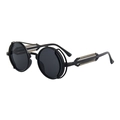 Retro-Steampunk-Sonnenbrille mit rundem Rahmen, mattschwarzen Federn und seitlichem Schutz - Schwarzer Rahmen Graue Gläser