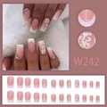 Pink gradient press-on nails with 3D pearl flowers and rhinestones, 24 piece set - French Pink White Gradient 3D Flower Rhinestone Style (W242)