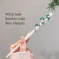 Bamboo style white jade hair stick with blue enamel leaves and gold metal accents - 87# White Jade Dragon Bamboo Lake Blue Leaf