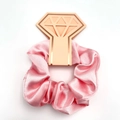 Pink satin silk scrunchie with a diamond-shaped gold-accented tag for wedding gifts - Pink