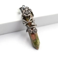 Pendentif hexagonal en unakite avec des vignes en argent vintage et un design floral - Unakite