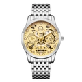 Detail view of the silver stainless steel watch with golden hollow skeleton mechanical dial - 9-Bead Silver Strap Skeleton Gold Dial