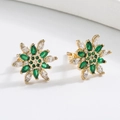 Elegant flower stud earrings in 18k gold plating with green and clear zircon stones - Gold/Green
