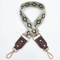 Ethnic style beige jacquard wide bag strap with brown green geometric pattern and gold clips - No.1 Green Coffee Jacquard + Coffee Leather