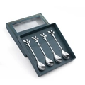 Set of 4 silver stainless steel coffee spoons with leaf handles in a green gift box - Leaf Spoon-Silver+Green Box / Silver/Green Box/4PCS