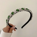 Baroque emerald green square crystal headband with white rhinestones on black band - Green