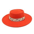 Detail of orange wool felt hat featuring a geometric ethnic pattern band and wide brim - M (56-58cm) / Orange Red