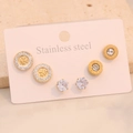 Three pairs of gold stainless steel stud earrings with clover and Roman numerals on stone - 3# Rhinestone Flower Round Style