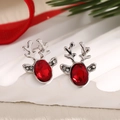 Silver reindeer stud earrings with red oval crystal and shimmering rhinestone accents - Red Stone Reindeer Head (EAR0047)